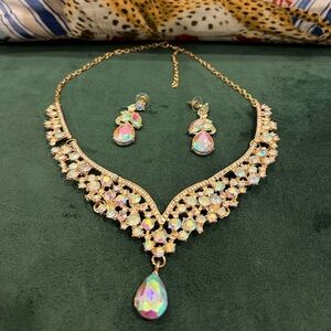 Gold Aurora Opal Crystal Necklace & Earring Set - Women Jewelry